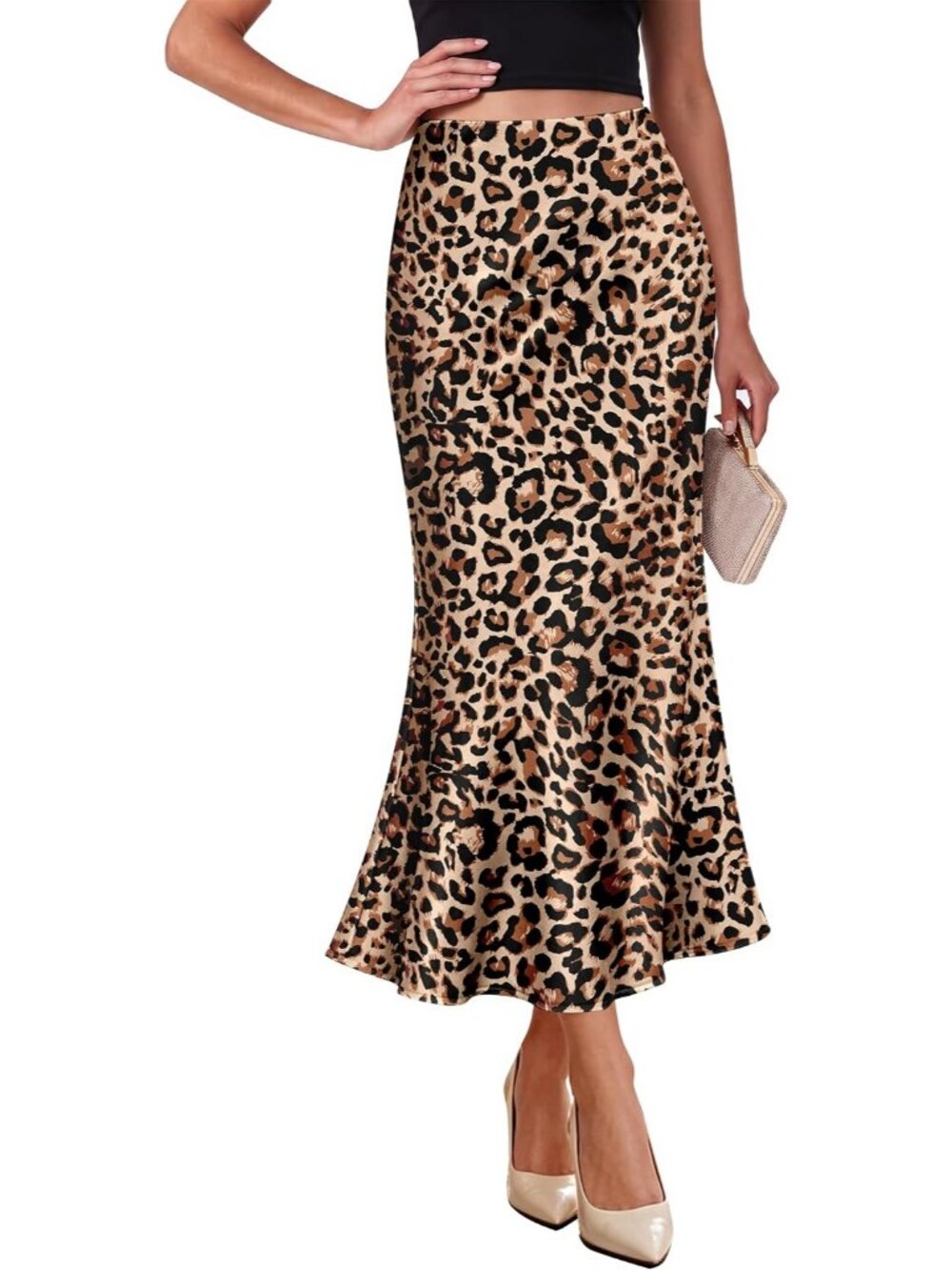 Women's Leopard Elegant Satin High Waist Silk Bias Cut Slip Midi Skirt